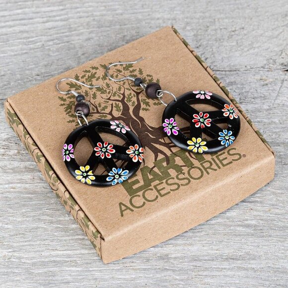 Peace Sign Dangle Earrings Organic Wood Hippie Jewelry for Women and Men - Picture 5 of 6